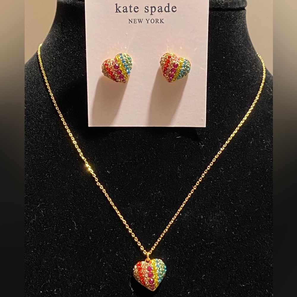 Kate Spade On the Dot Rainbow earring & necklace set. Heart shaped pave CZ new - Picture 2 of 7